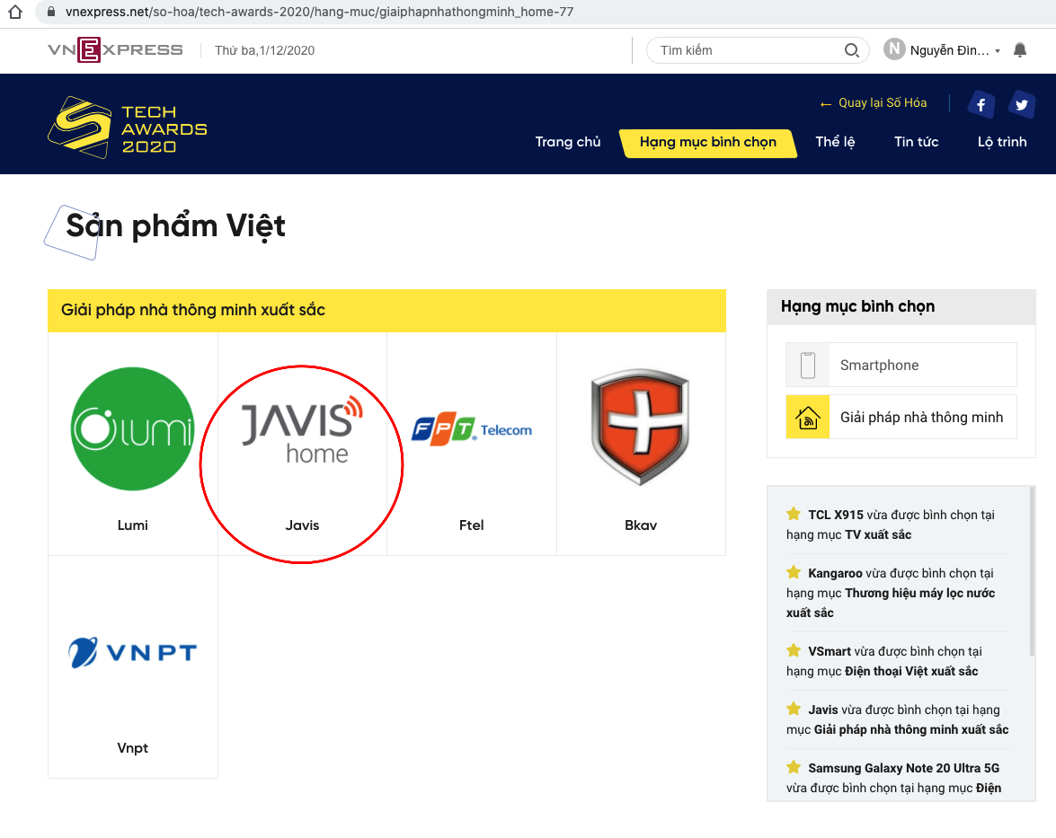 JAVIS ĐƯỢC ĐỀ CỬ GIẢI PHÁP NHÀ THÔNG MINH THUẦN VIỆT XUẤT SẮC - TECH AWARDS 2020